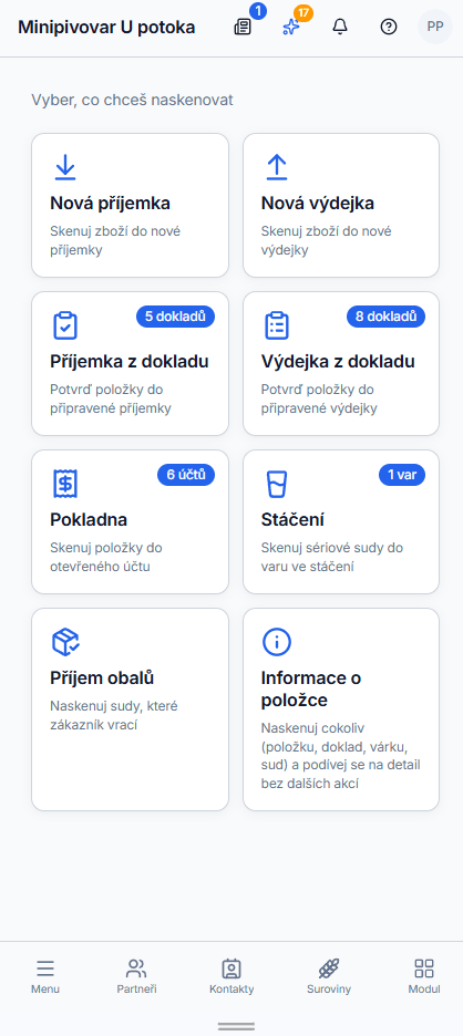 ProfiBrew na mobilu — rychlé akce